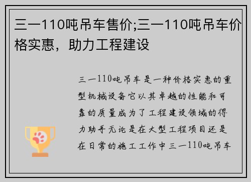 三一110吨吊车售价;三一110吨吊车价格实惠，助力工程建设
