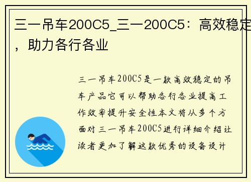 三一吊车200C5_三一200C5：高效稳定，助力各行各业